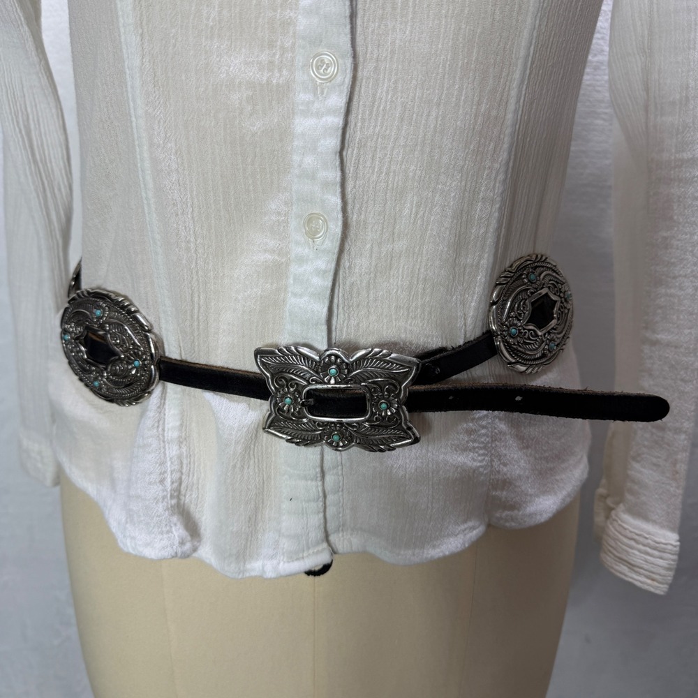 VTG Western Concho Belt Black Leather Silver Tone Turquoise Floral Engraved Slim